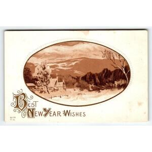 Best New Years Wishes Postcard Nash Series NY 72 Vintage Oval Rustic Winter View
